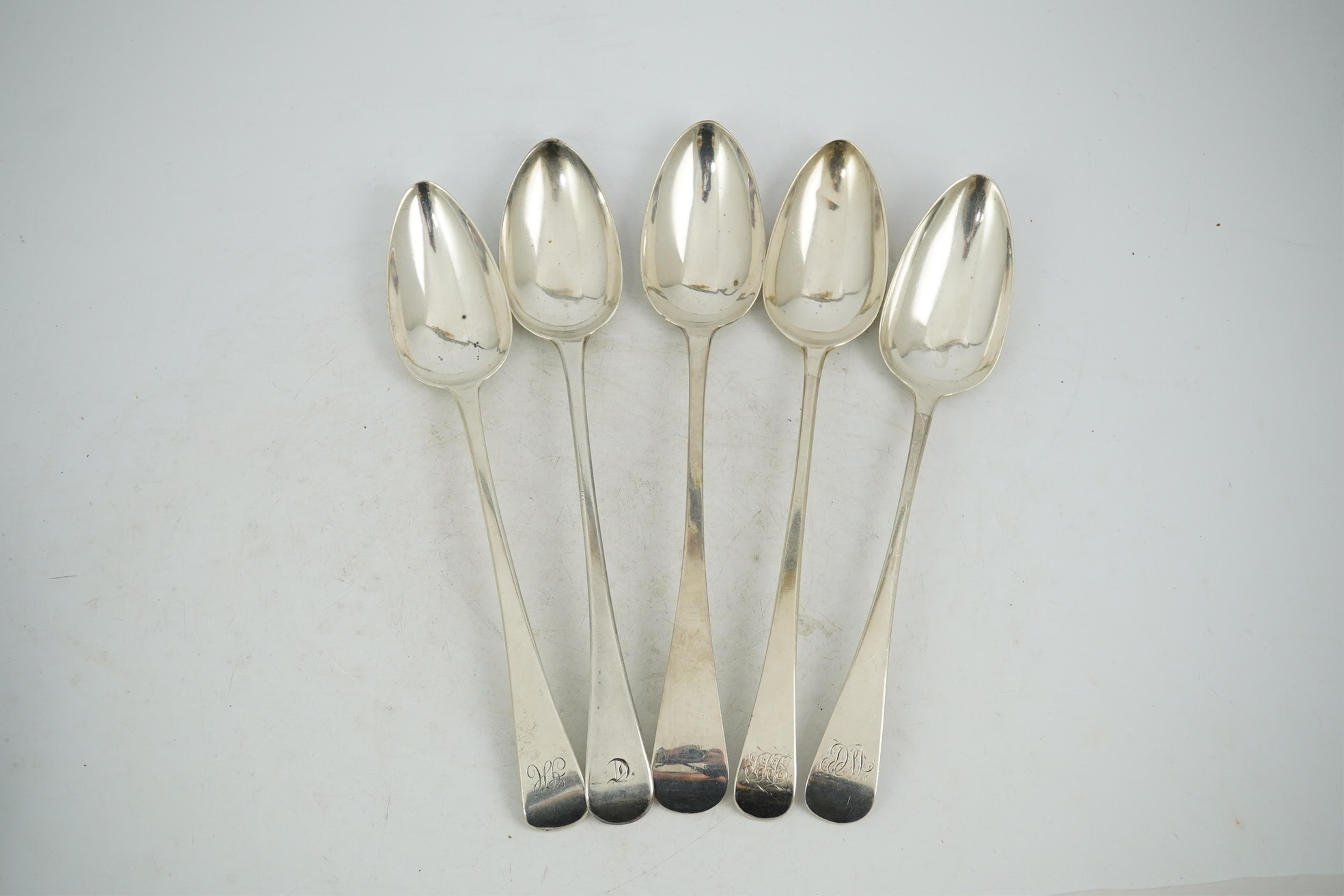 Five assorted late 18th/early 19th century silver Old English pattern basting spoons, various dates and makers, earliest Smith & Fearn, London, 1797, latest London, 1825, 18.5oz.